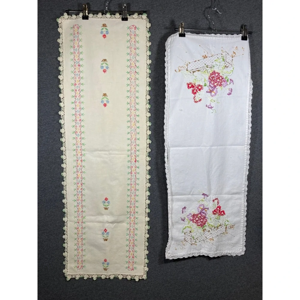 Vintage Hand Embroidered Floral Table Runner Set Lace Trim Cream White 2pc